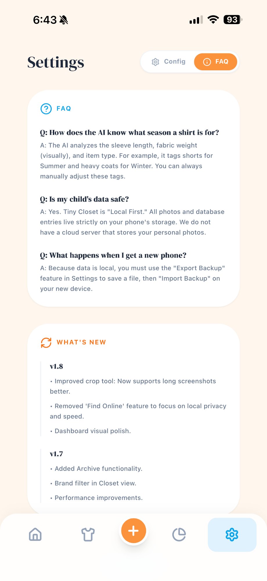 Tiny Closet, Settings & FAQ